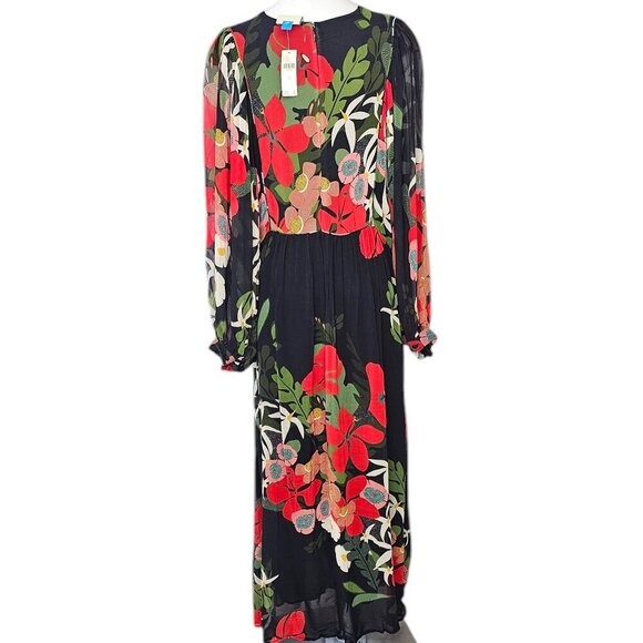 Farm Rio x Anthropologie Long-Sleeve V-Neck Floral Maxi Dress Size Medium, NWT - Picture 2 of 11